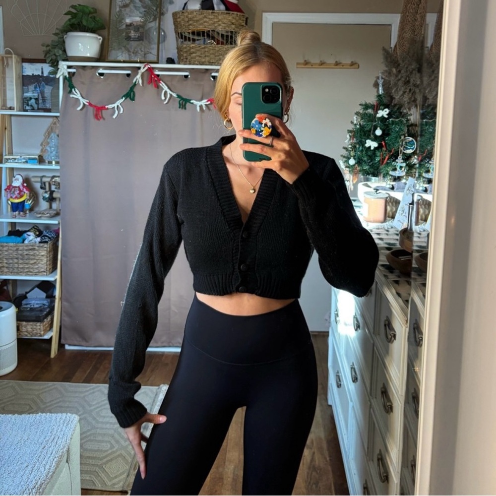 Misguided cropped black button up sweater